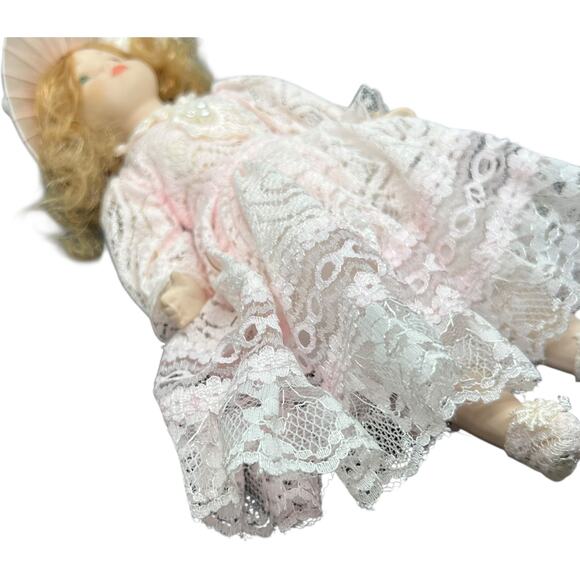 Porcelain Girl Doll in Blush Pink Lace Dress with Sunburst Hat - Picture 7 of 11